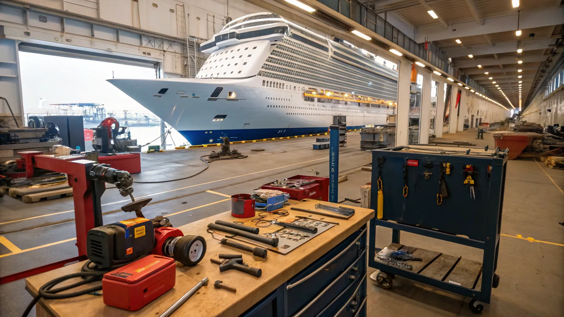 Empleos de Reparación y Mantenimiento de Cruceros: workshop filled with tools and machinery.