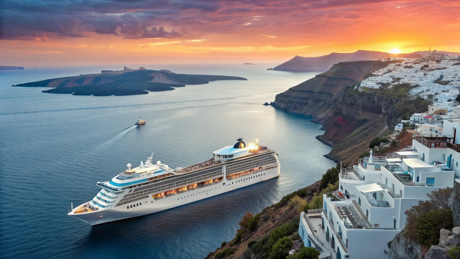 Cruceros de Barcelona a Grecia: A luxury ship sailing near stunning Greek islands.