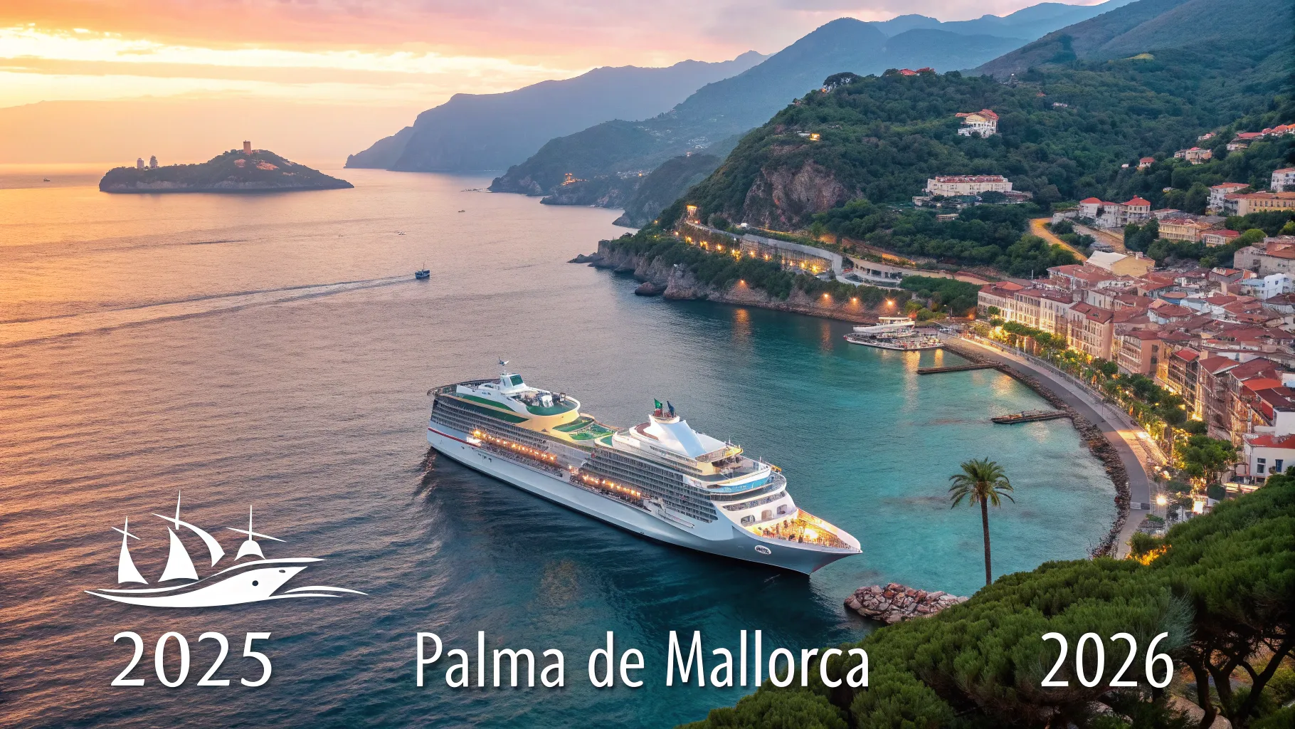 Cruceros desde Palma de Mallorca a Italia 2025 y 2026, showcasing a luxurious cruise ship at sunset.