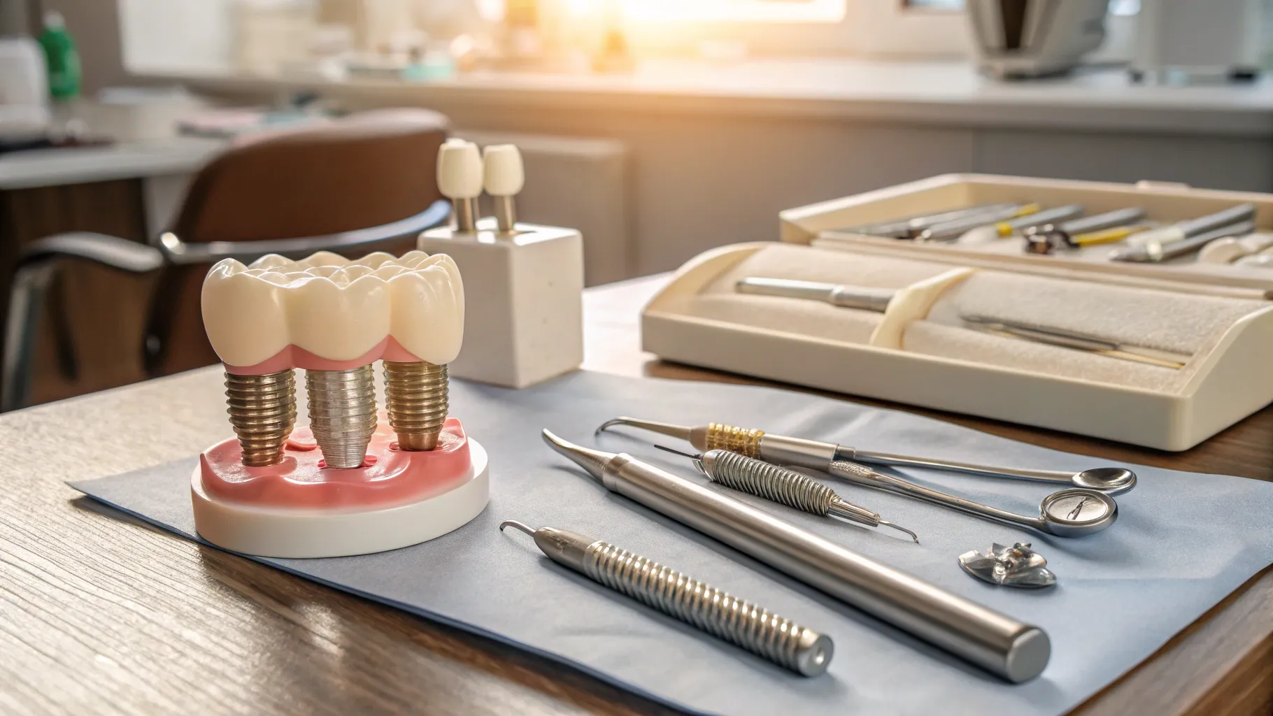 Implantes dentales sin tornillos para personas mayores in a welcoming dental clinic.