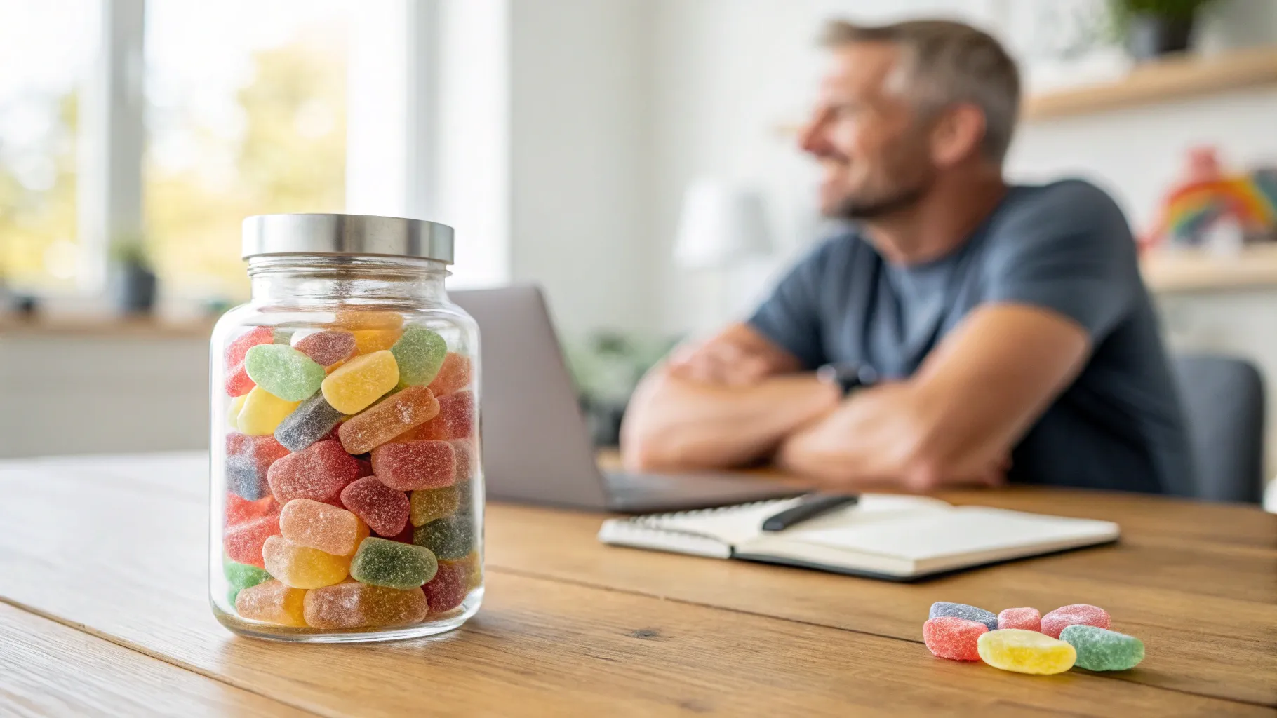 Hombre adulto joven sonriendo y haciendo ejercicio en un gimnasio moderno, sosteniendo un pequeño envase de gomitas.