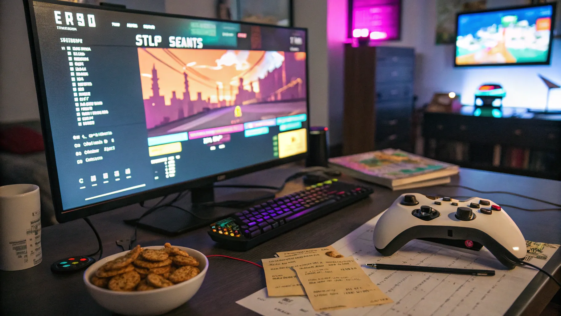 Trabajo de probador de videojuegos en un entorno de prueba con luces y snacks.