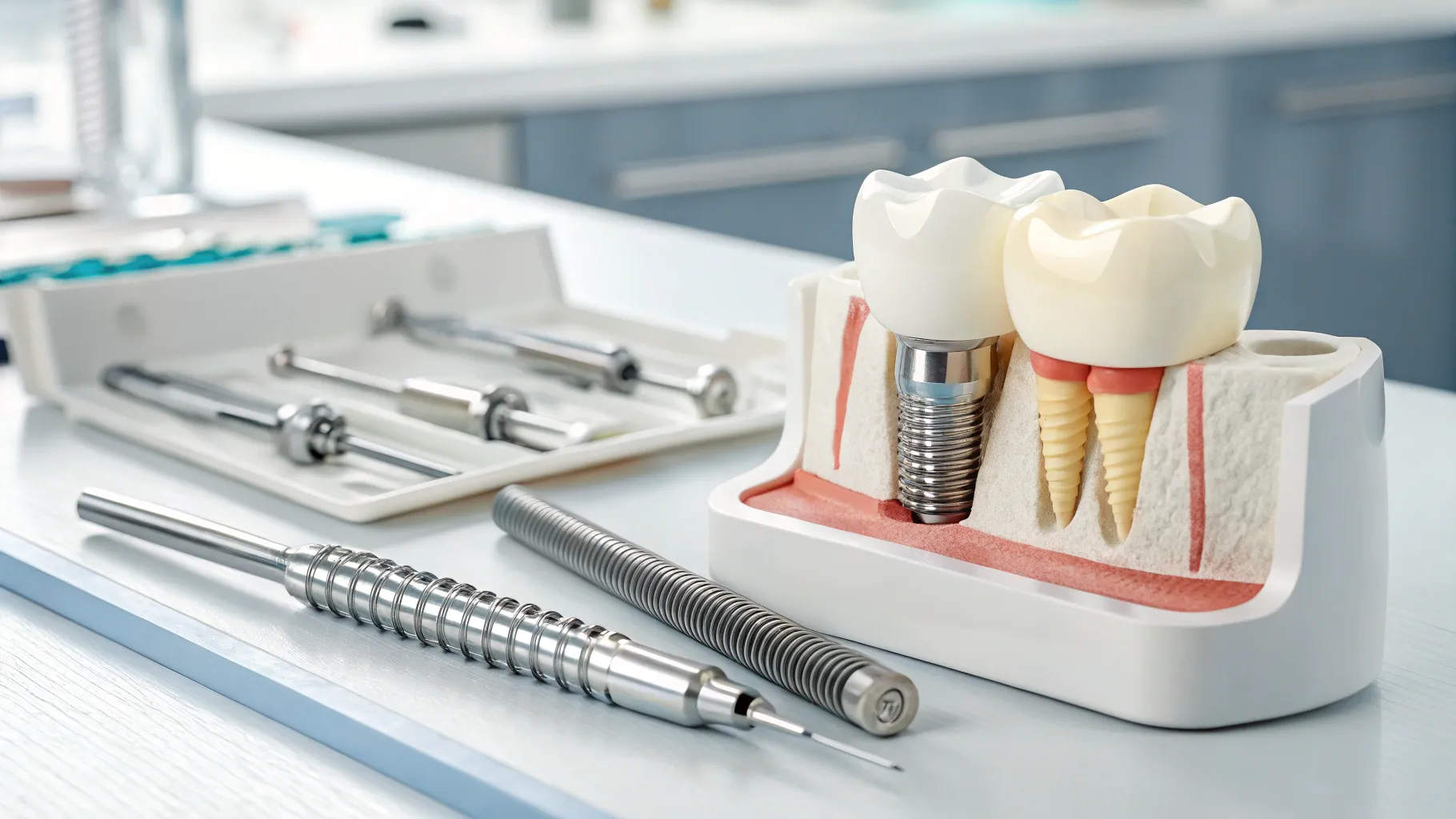Riesgos y beneficios de los implantes dentales: dental implants in a model jawbone.