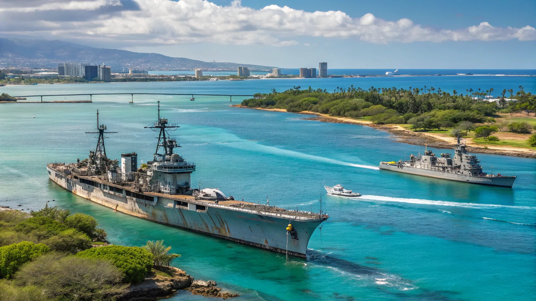 Barcos Militares Retirados converted into civilian fishing and tourism vessels on water.