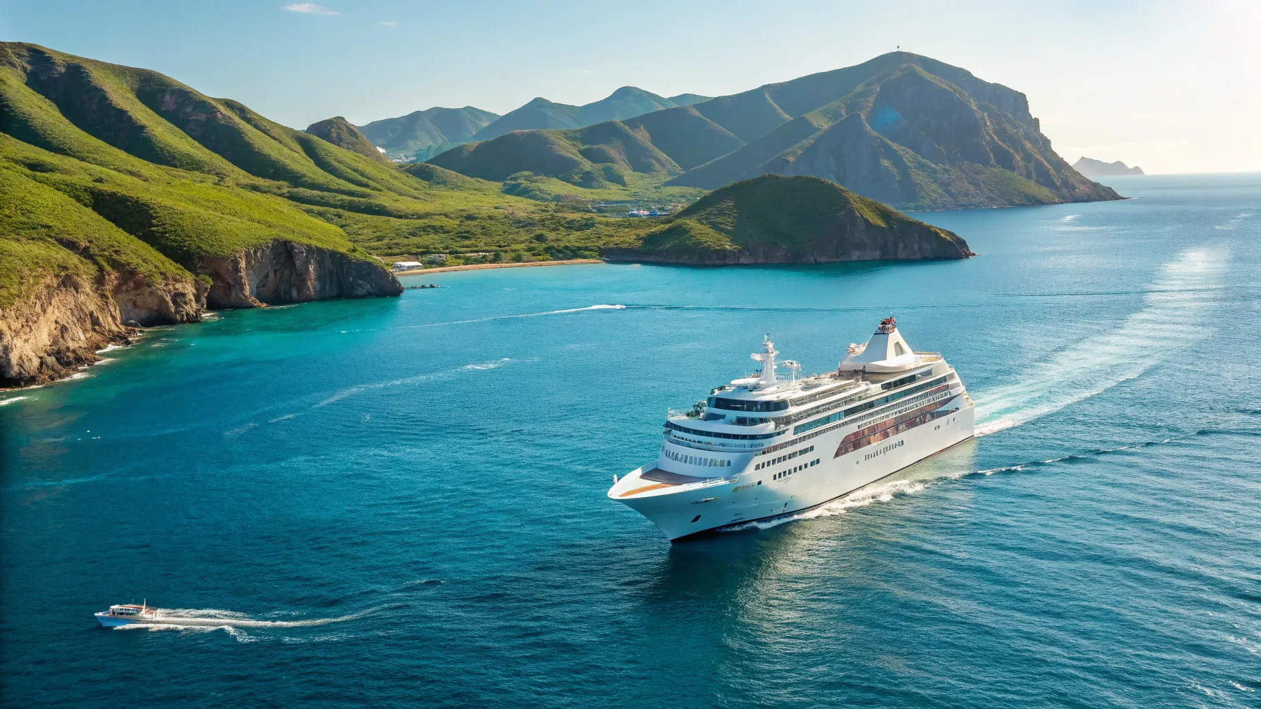 Lujoso crucero navegando por las aguas turquesas de Baja California al atardecer, destacando la experiencia de un crucero de 3 días.