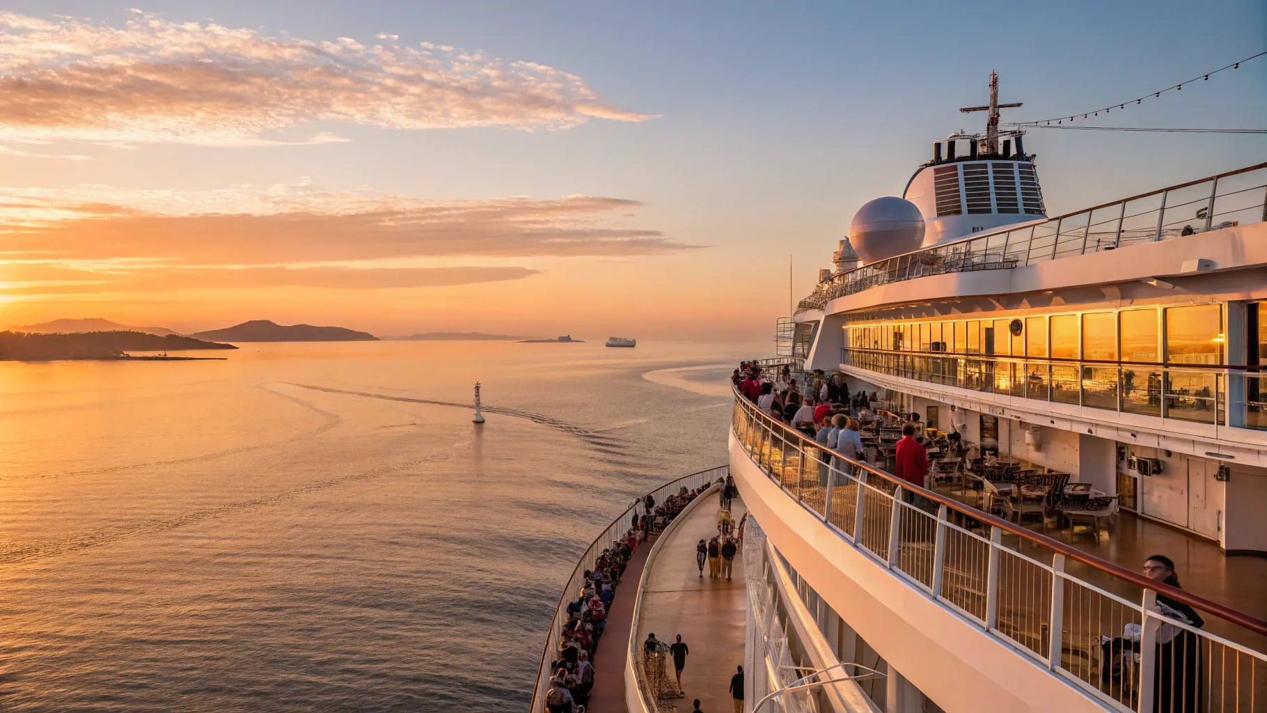 Gran crucero navegando en mar abierto al atardecer, simbolizando la <strong>disponibilidad de cruceros</strong>
