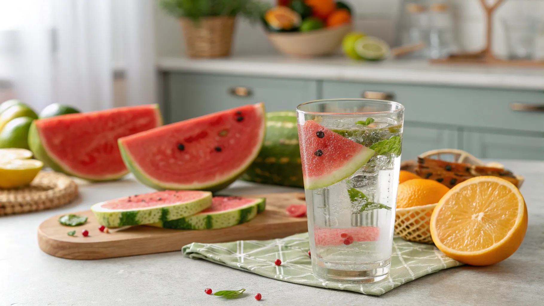 ¿Bebes suficiente agua cada día? Hydration emphasized with water and fresh fruits.