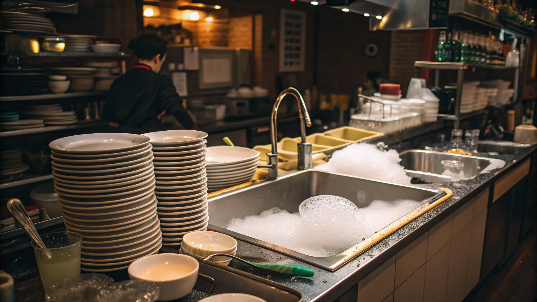 Trabajos de Lavado de Platos in a busy kitchen with clean dishes and sparkling surfaces.