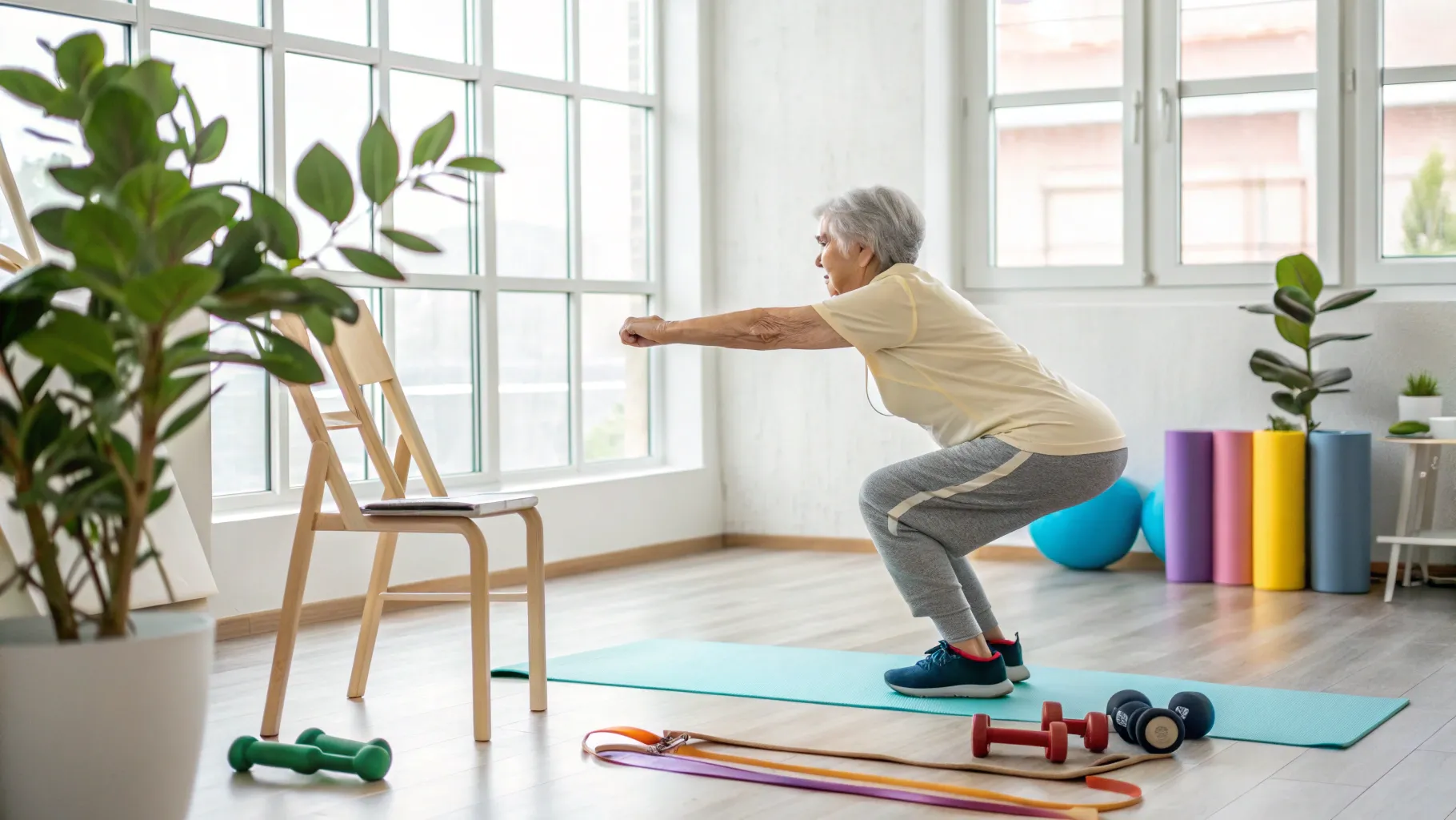 Ejercicios eficaces para el Parkinson: persona mayor practicando sentadillas asistidas