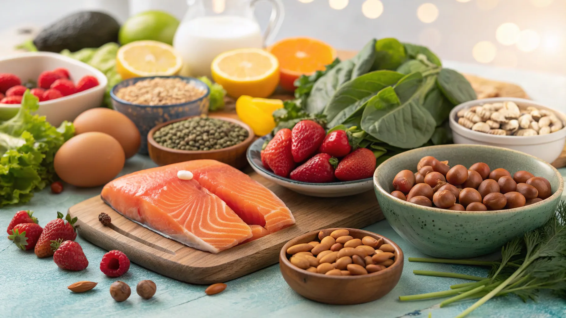 Vitaminas para la fuerza eréctil: A vivid display of healthy foods for sexual wellness.