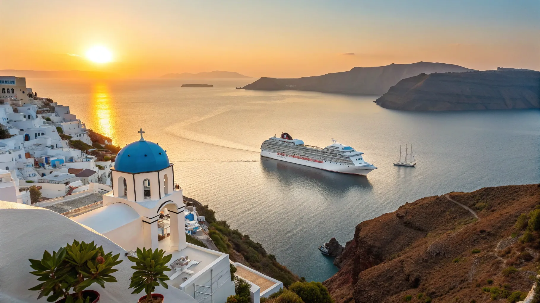 Cruceros de Barcelona a Grecia with a cruise ship sailing towards Greece at sunset.