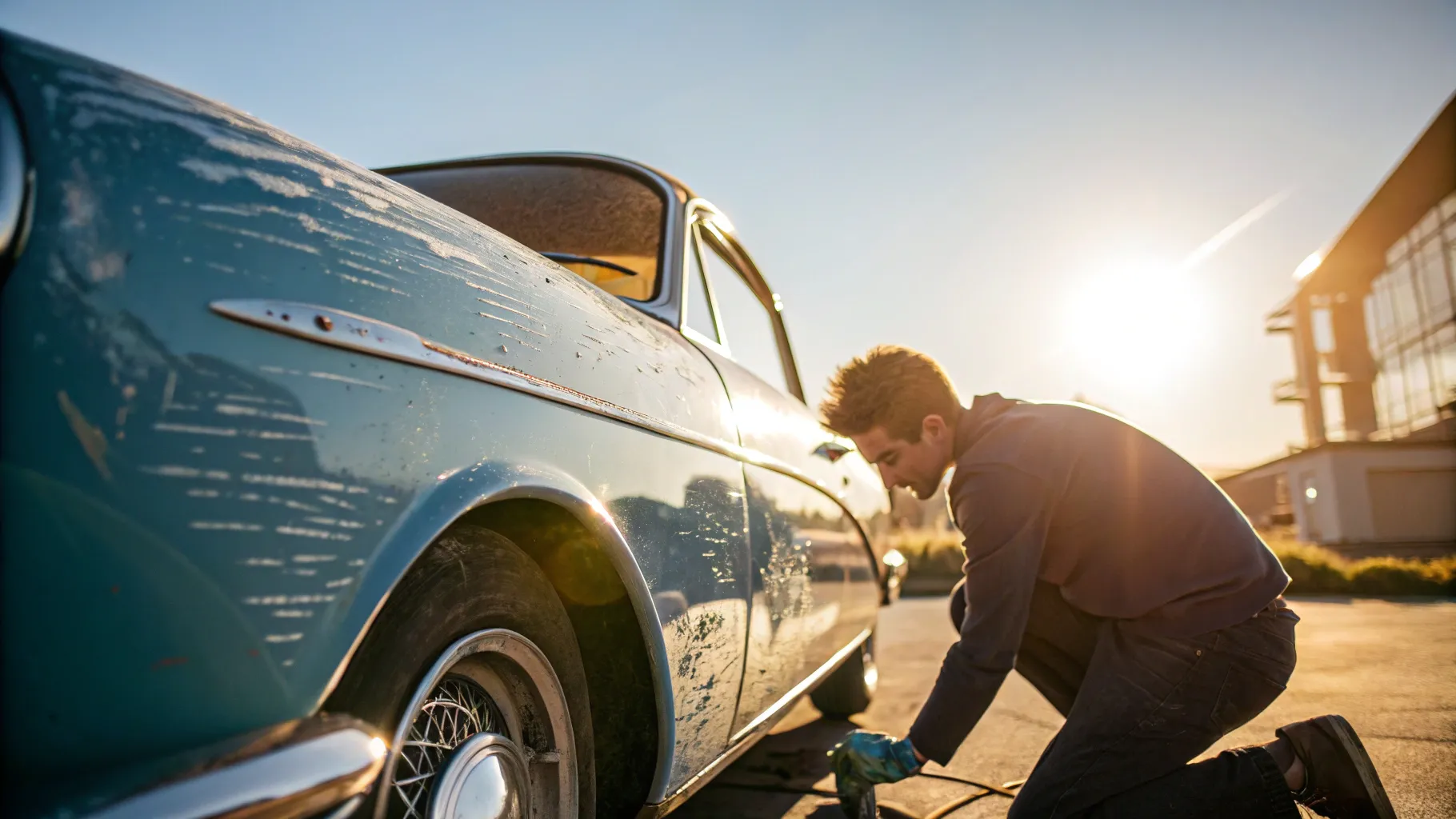 Restaurar la pintura del coche descolorida por el sol, detailing process under sunlight.