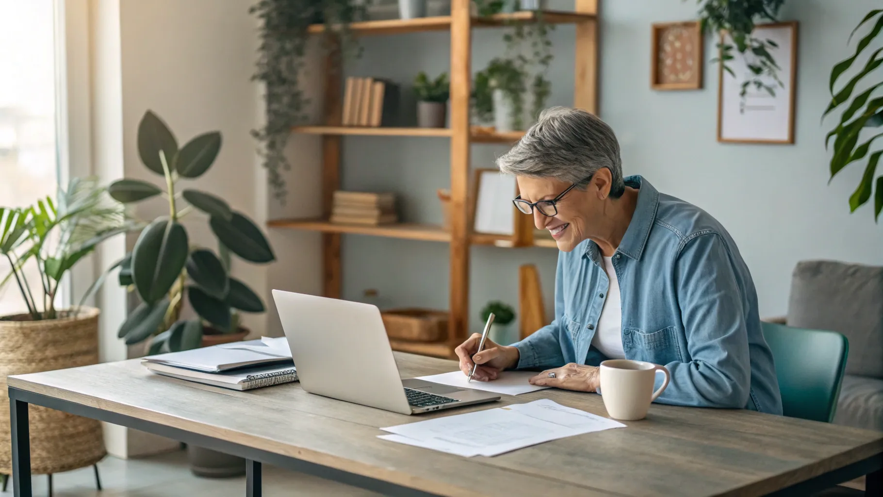 Trabajos para adultos mayores in a cozy workspace with a laptop and plants.