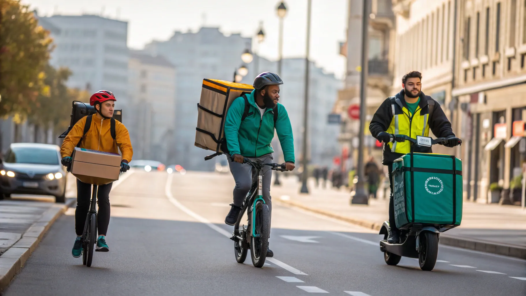 Un repartidor en bicicleta con una mochila térmica en una calle urbana transitada, ilustrando uno de los <strong>tipos de trabajos de repartidor</strong>.