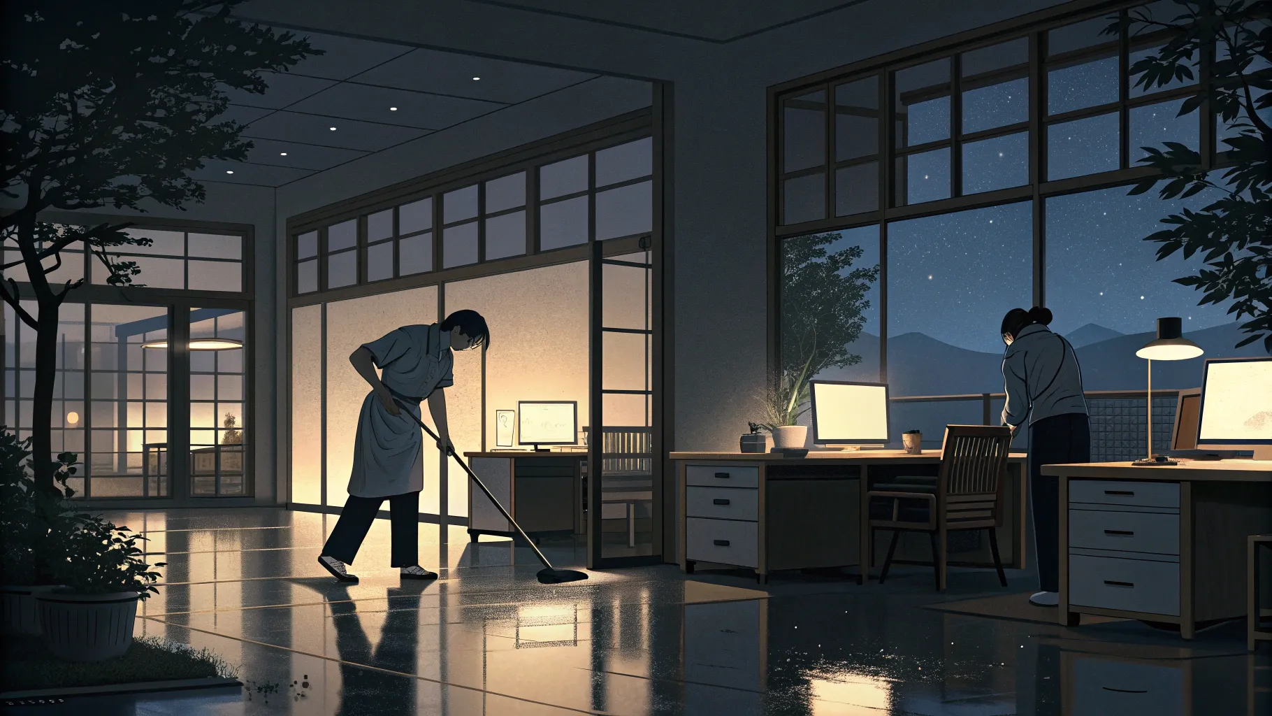 Lea sobre trabajos de limpieza nocturna en oficinas para personas mayores en un entorno sereno.