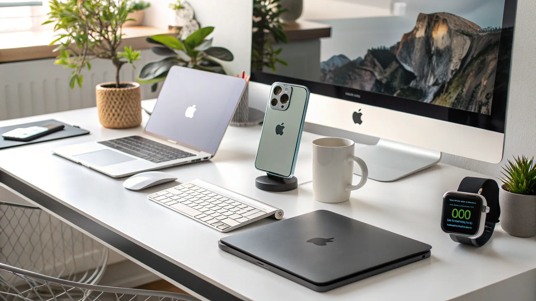 5 raisons de passer à l’iPhone : a stylish workspace showcasing Apple devices.