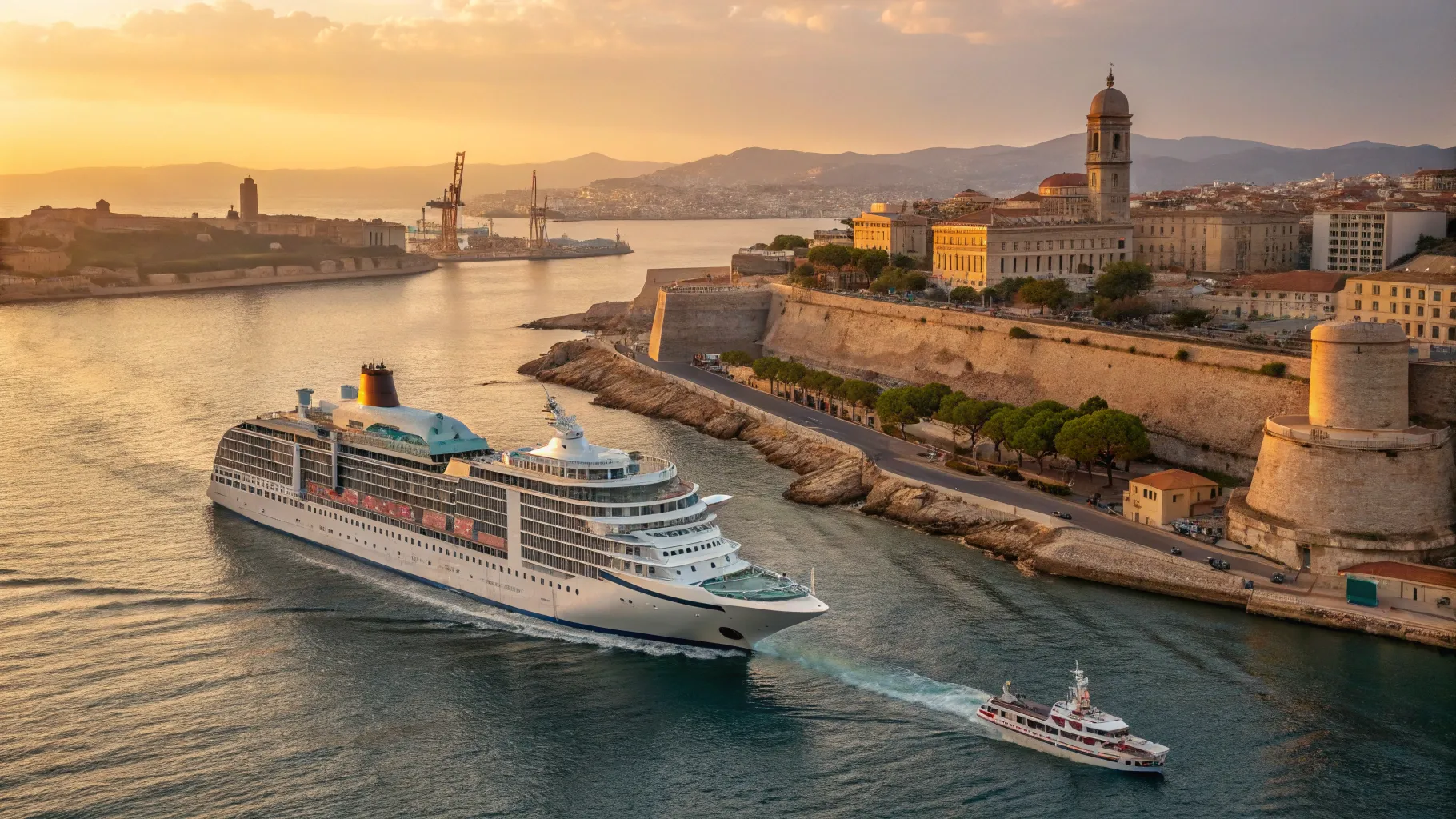 Traversée Atlantique : L’Amérique s’ouvre depuis Marseille, a cruise ship in sunset glow.