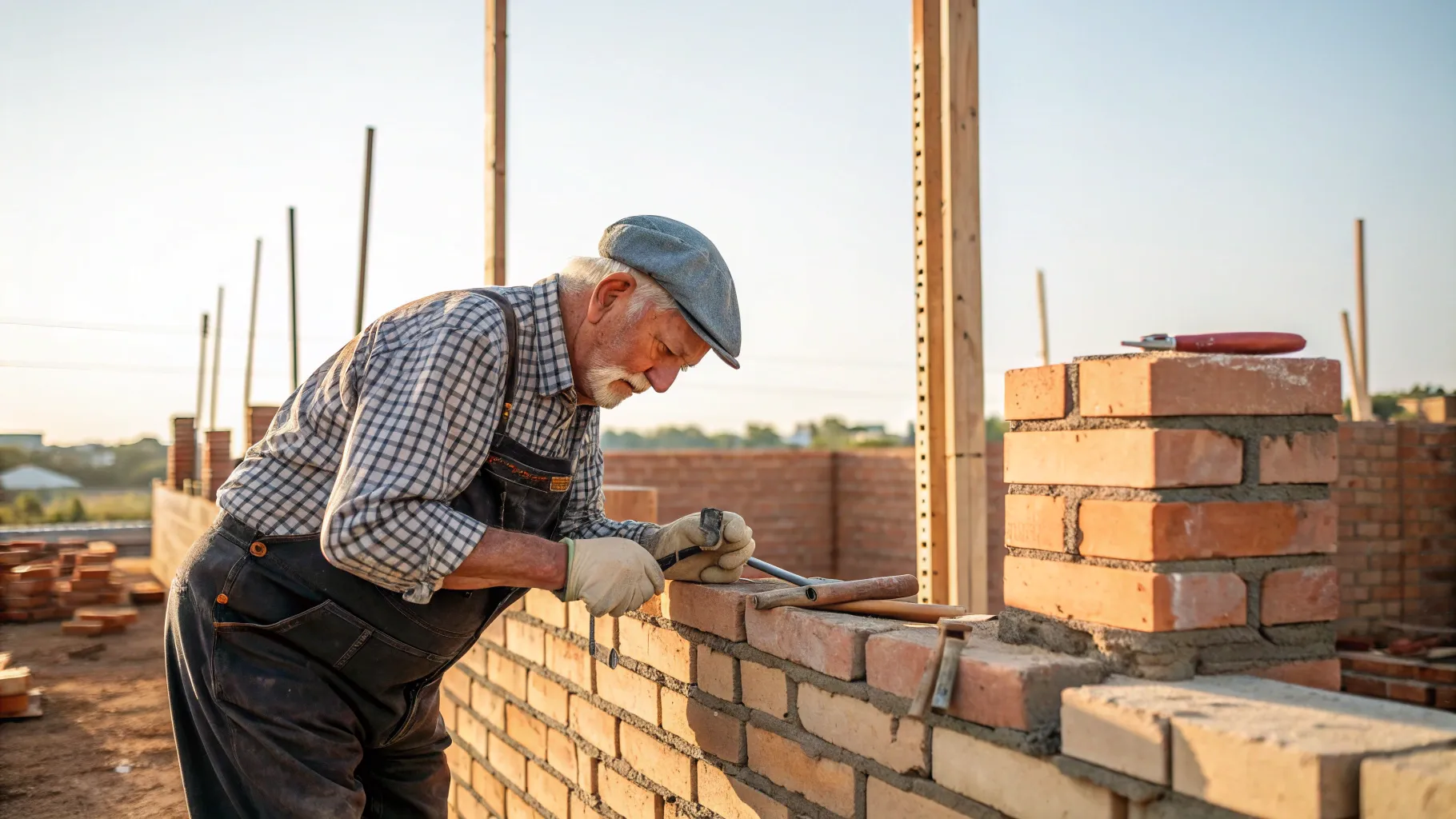 Emplois de maçon pour les seniors showcasing a senior mason at work on a construction site.