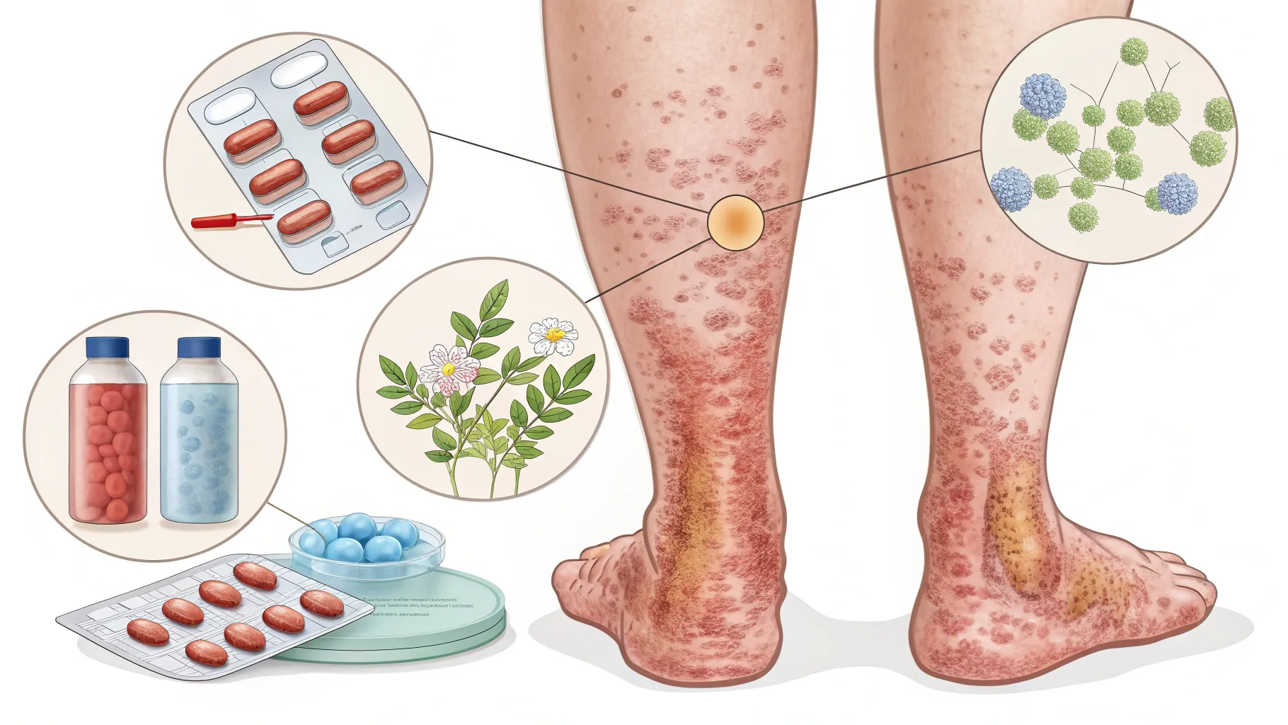 Angio-œdème & jambes enflées : causes et traitements with swollen limbs and detailed textures.