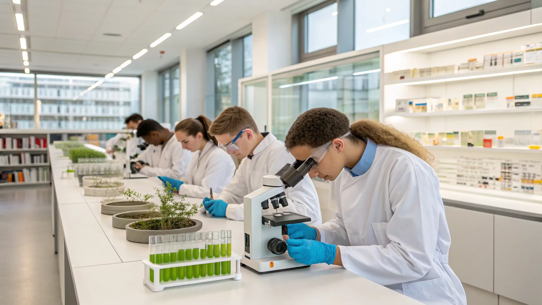 Étudiants en blouse blanche travaillant dans un laboratoire de biologie avec des microscopes et des éprouvettes, symbolisant les bourses études biologie 2025 et la recherche scientifique.