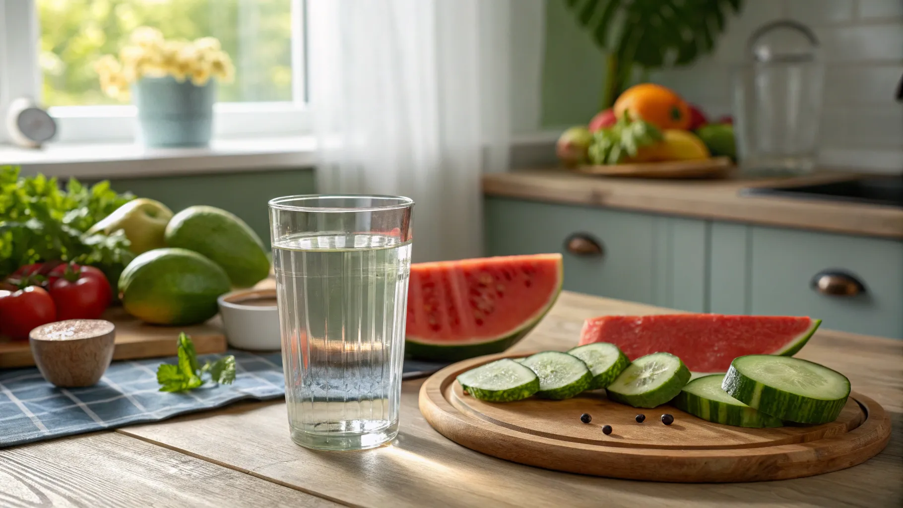 Buvez-vous assez d’eau chaque jour, with a glass of water and fresh fruits inviting hydration.