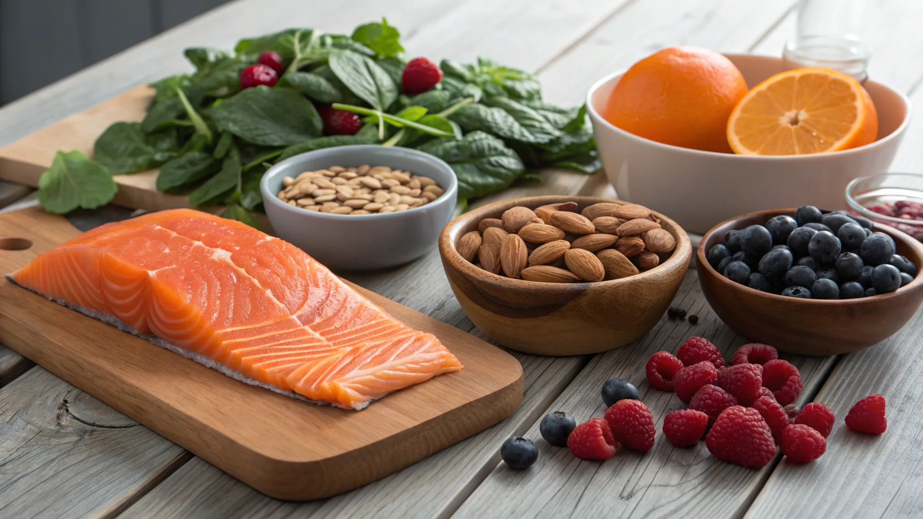 Vitamines pour la puissance érectile: Colorful array of foods enhancing men's health.