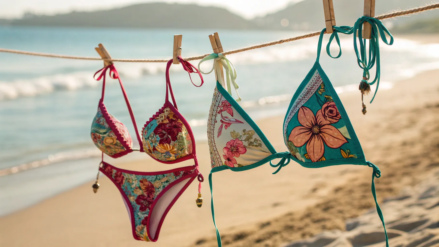 Guide pour choisir un string bikini: Colorful bikinis displayed on sandy beach.