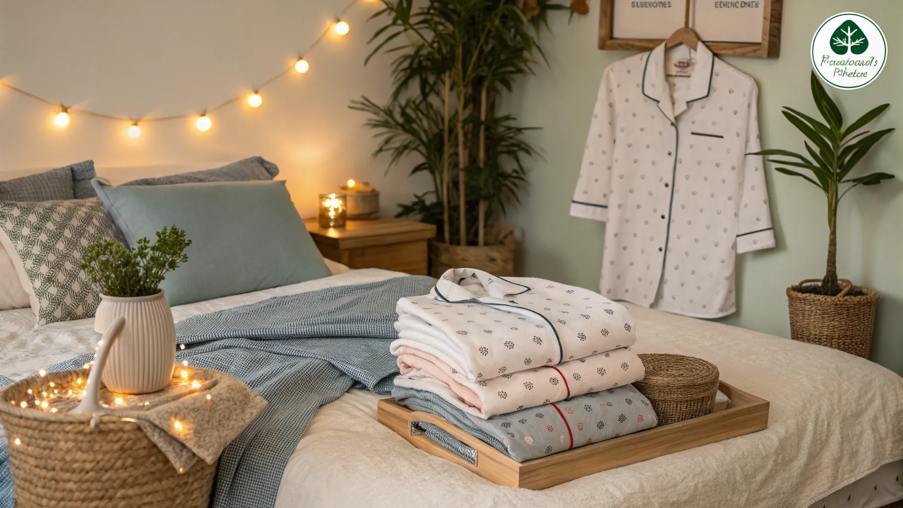 Guide pour choisir des pyjamas durables: Cozy bedroom with eco-friendly pajamas on bed.