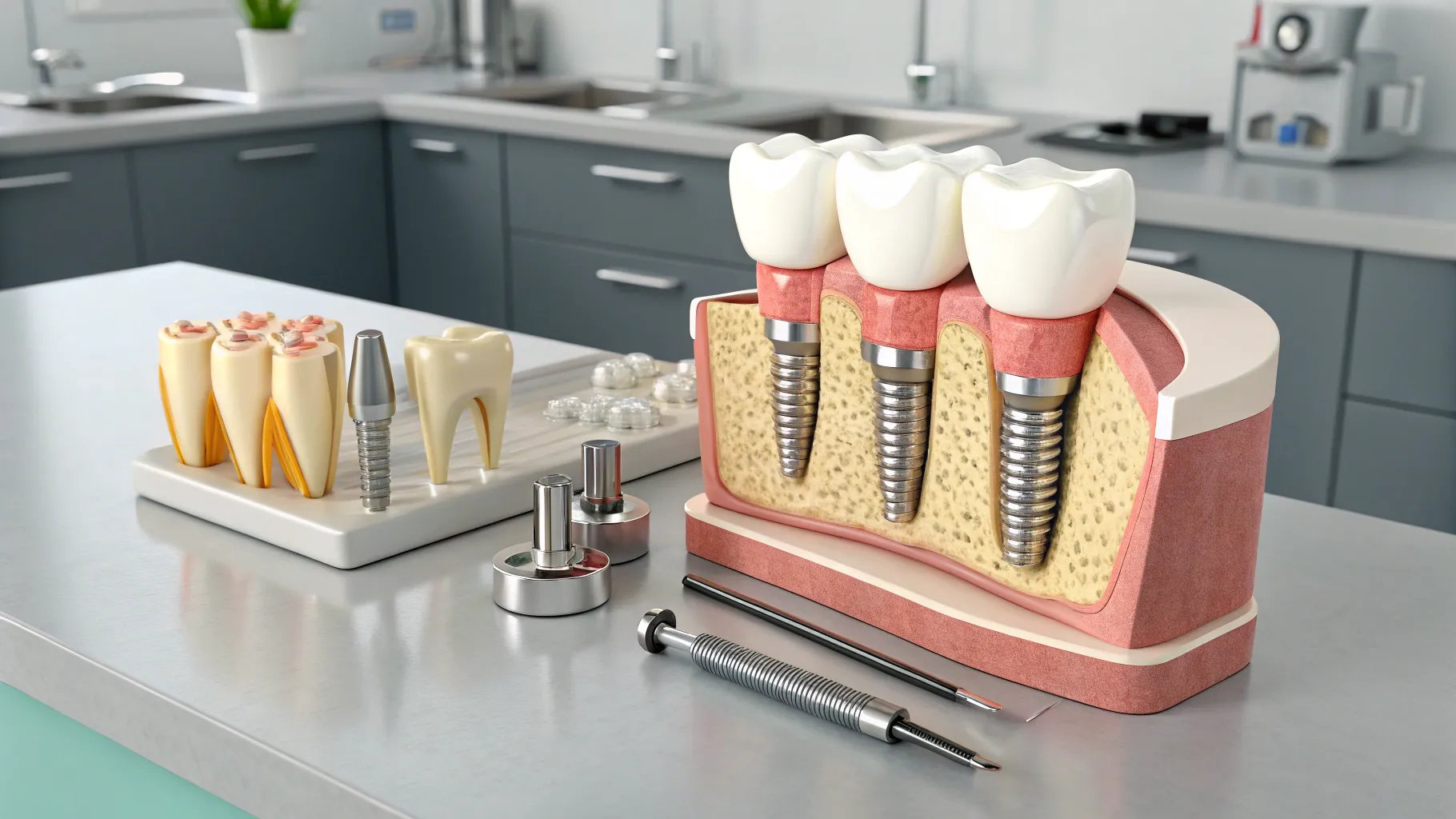 A fogászati implantátumok típusai displayed on a modern dental table with intricate details.