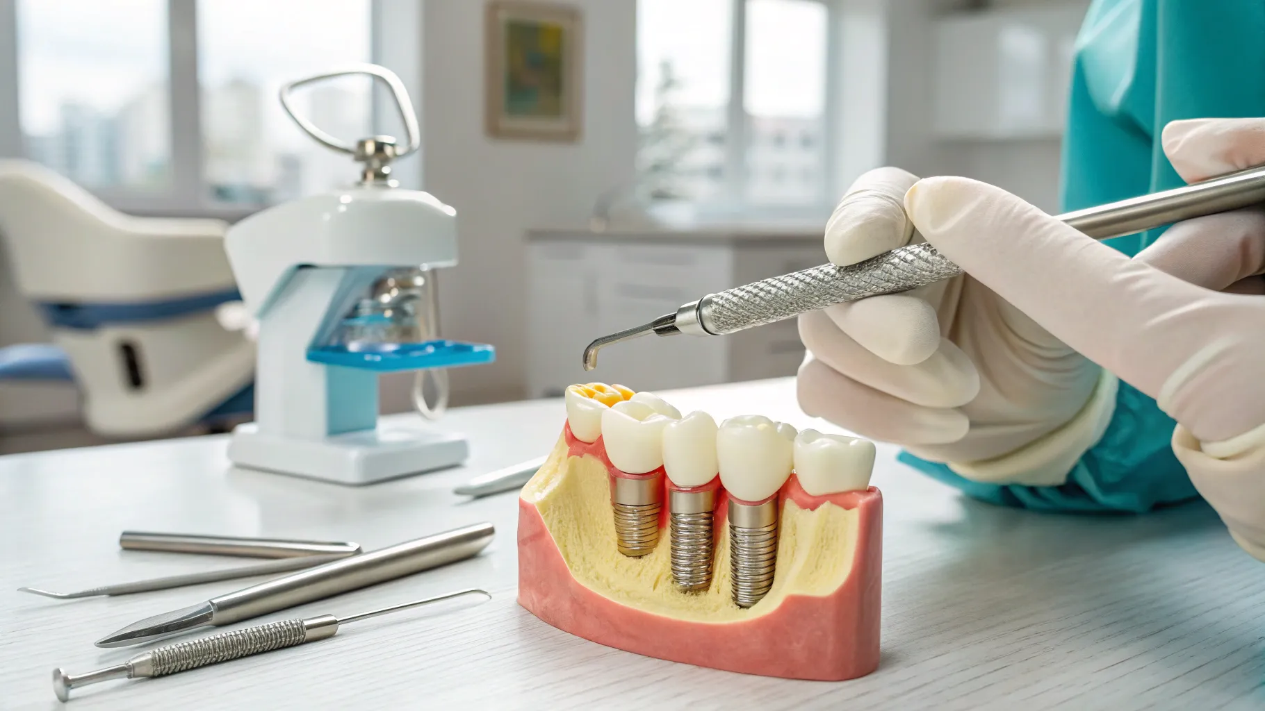 fogászati implantátumok költségei és lehetőségei időseknek, focused on dental tools and procedure.