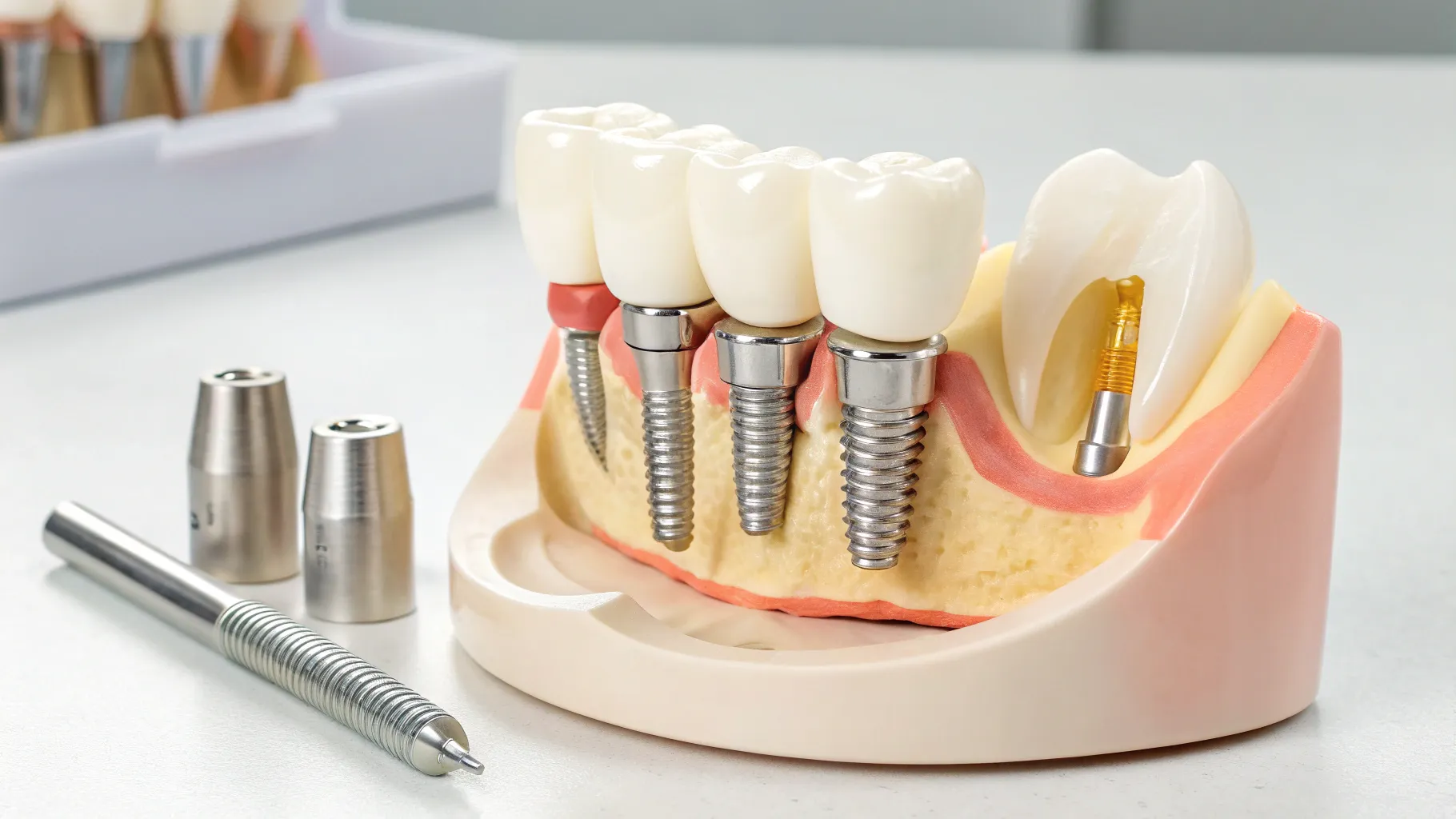 A 45 év feletti személyek számára készült modern fogászati implantátumok bemutatása, hangsúlyozva a tartósságot és a funkcionalitást.