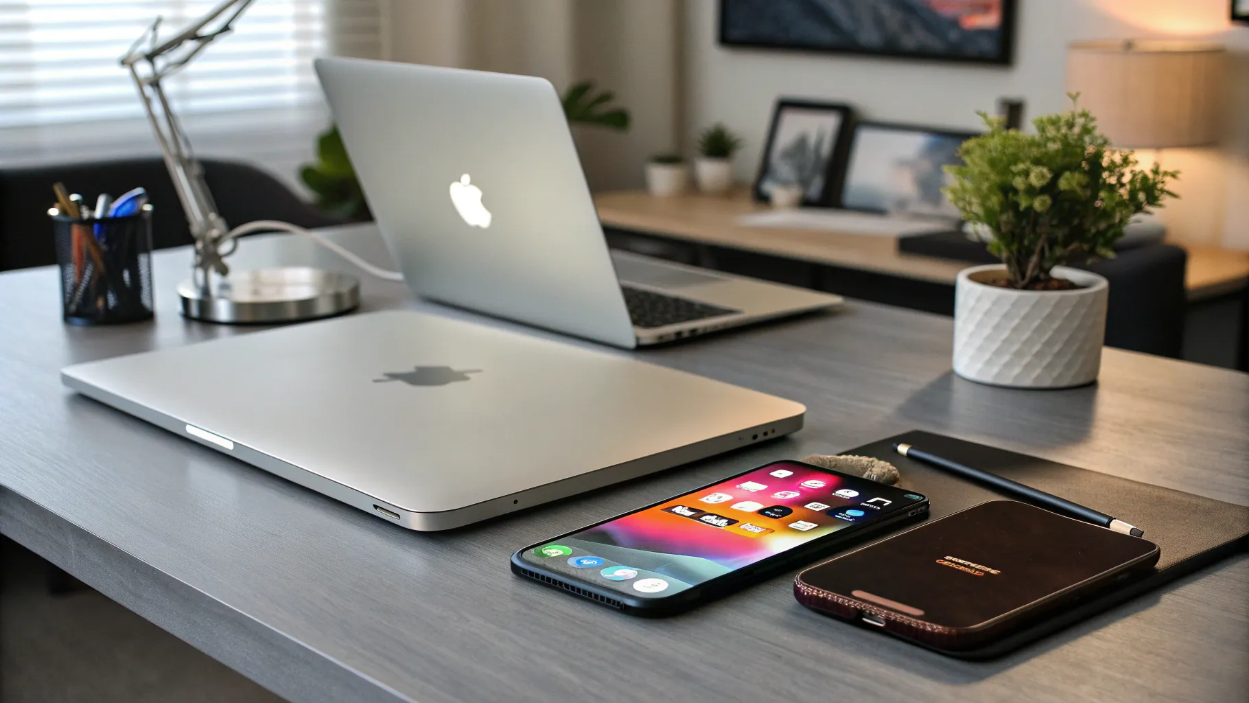 5 motivi per passare all’iPhone: Apple devices on a desk showing an ecosystem of technology.