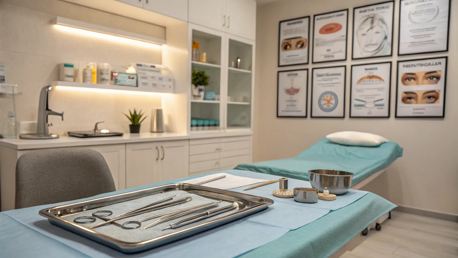 Intervento chirurgico alle palpebre per anziani: surgical tools in a bright operating room.