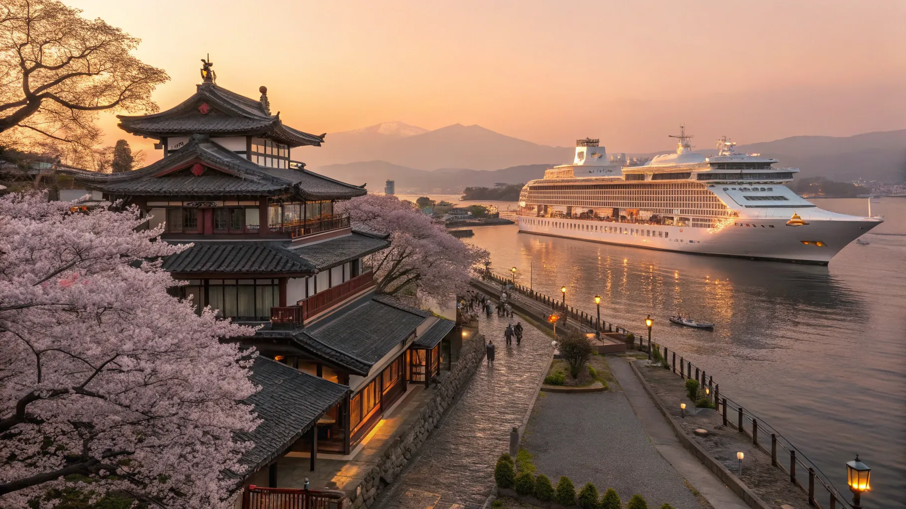Crociere in Giappone 2025 e 2026: A tranquil sunset at a Japanese port with blossoms.
