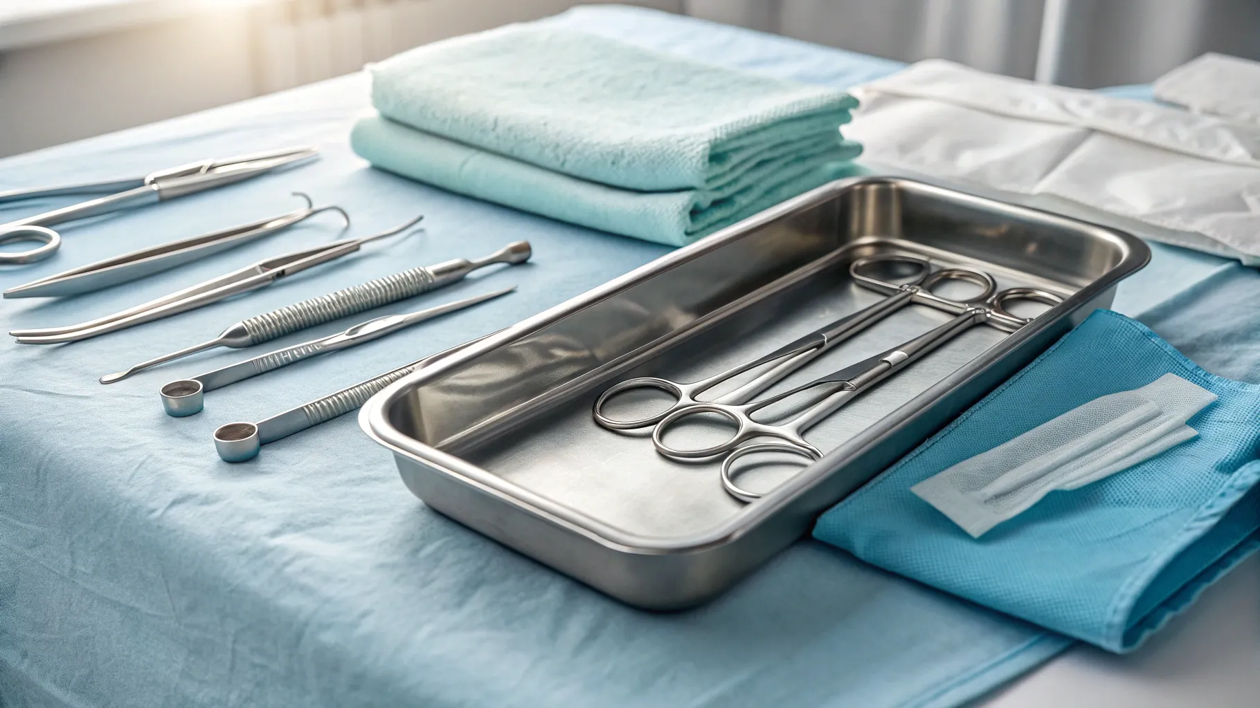 Rischi della chirurgia di riduzione dell'areola: surgical tools on a sterile tray.