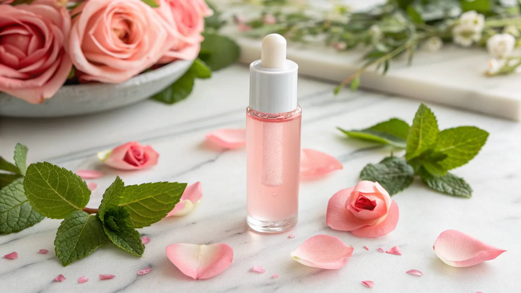 Siero Riparatore per Rughe delle Labbra displayed with fresh rose petals and mint leaves.