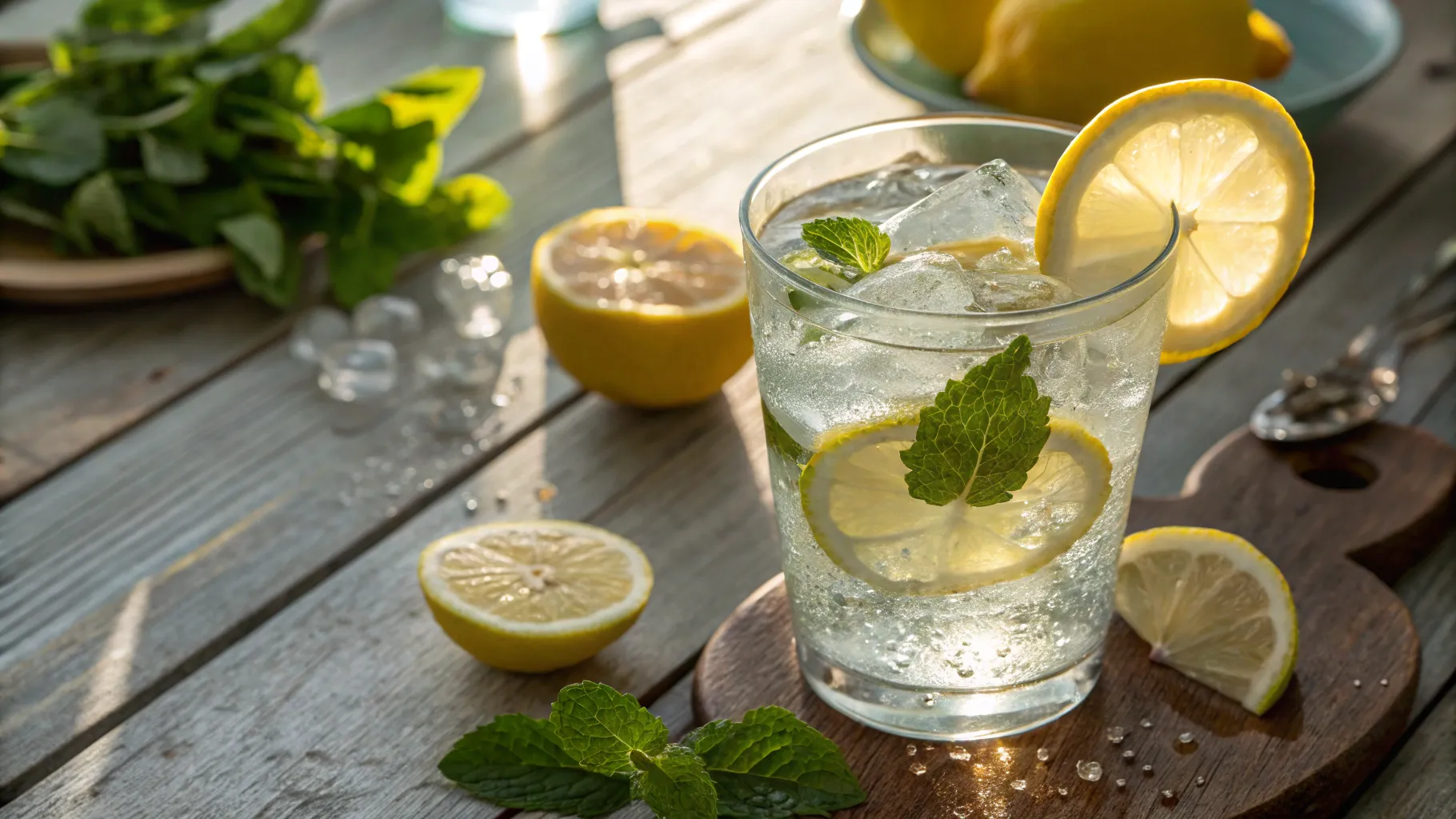Bevi abbastanza acqua ogni giorno with a refreshing glass of water and fresh lemon.