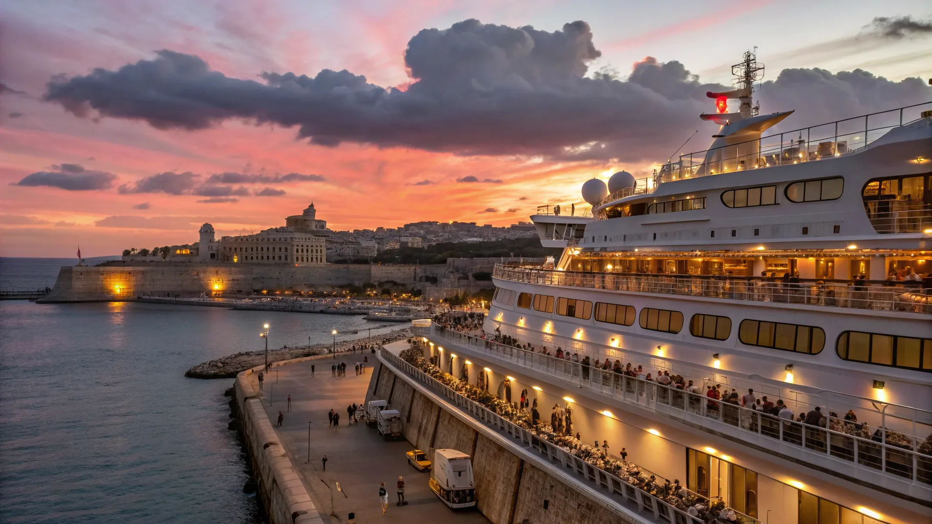 Nave da crociera di lusso al tramonto nel Mediterraneo occidentale da Civitavecchia