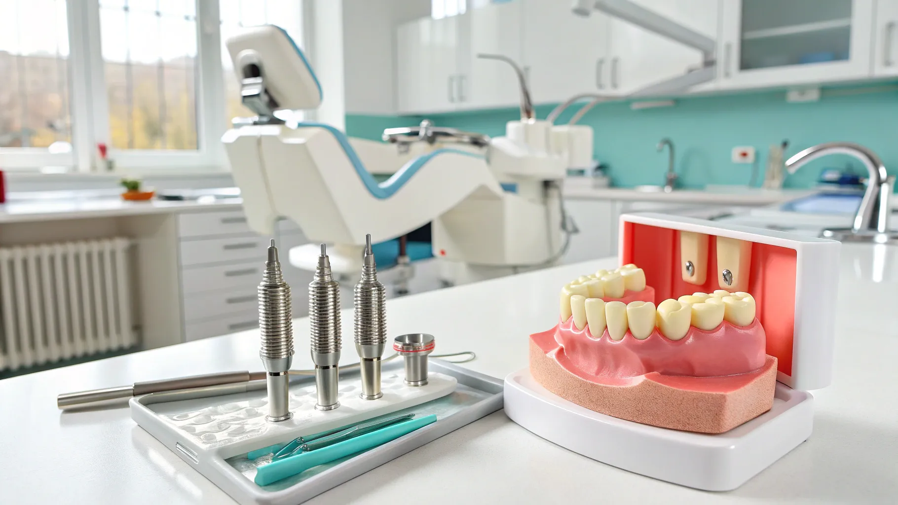 Ritrova la fiducia nel tuo sorriso: i vantaggi degli impianti dentali naturali. A bright clinic interior.
