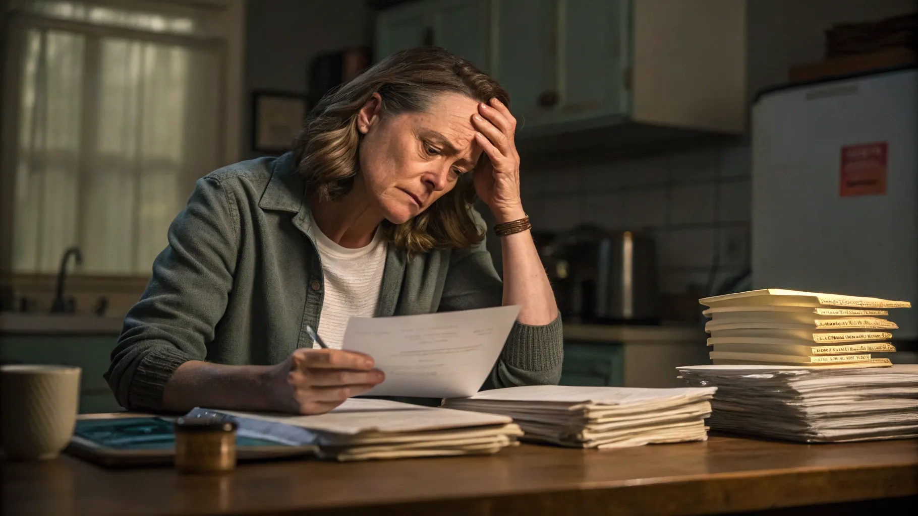 Una persona anziana, pensierosa, che esamina documenti legali relativi alla <strong>responsabilità legale per debiti del coniuge deceduto</strong>.