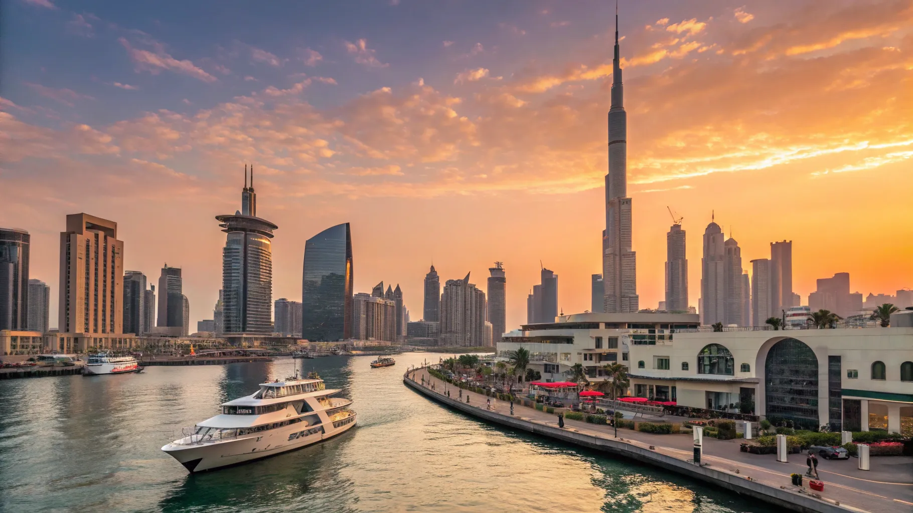 2025年オールインクルーシブのドバイ＆中東クルーズパッケージ: vibrant skyline at sunset.