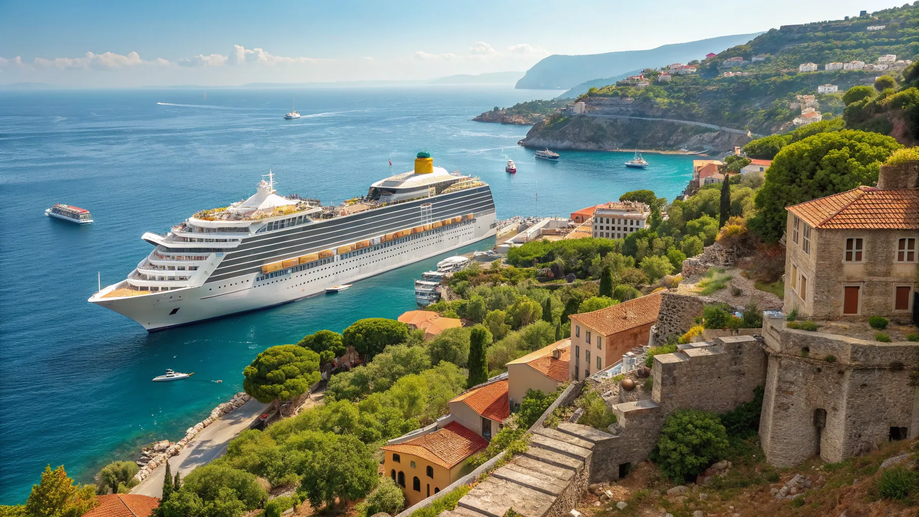 2025年オールインクルーシブの地中海クルーズパッケージ, cruise ship at picturesque port.