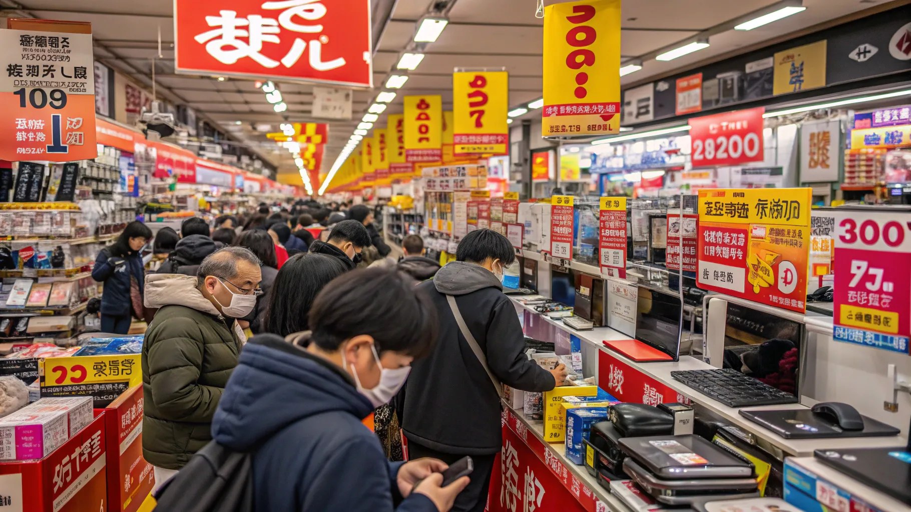 ブラックフライデーお買い物ガイド Busy shopping scene with numerous products on sale.