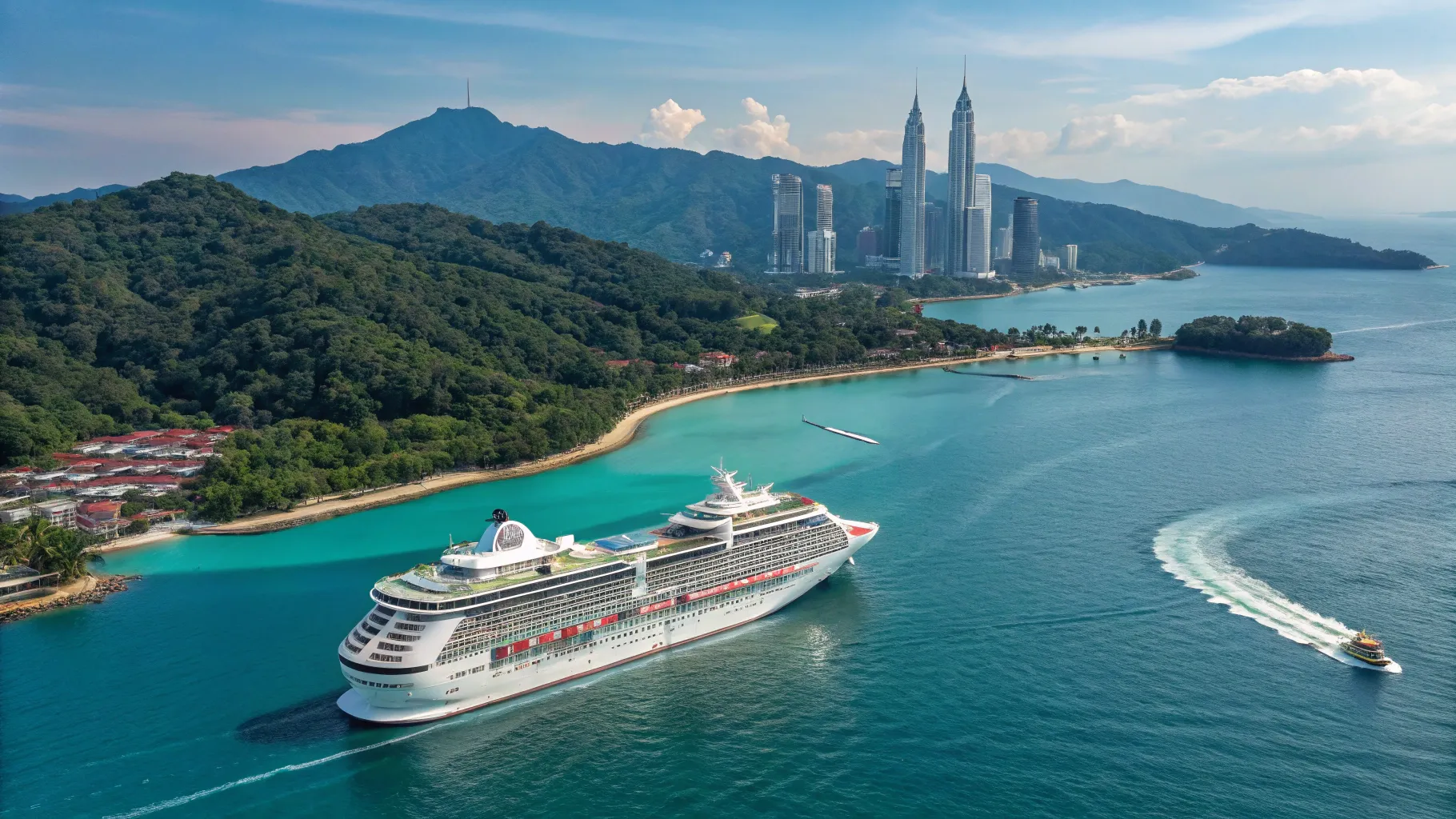 2025年オールインクルーシブのシンガポール＆東南アジアクルーズパッケージ, luxury cruise ship amidst tropical islands.