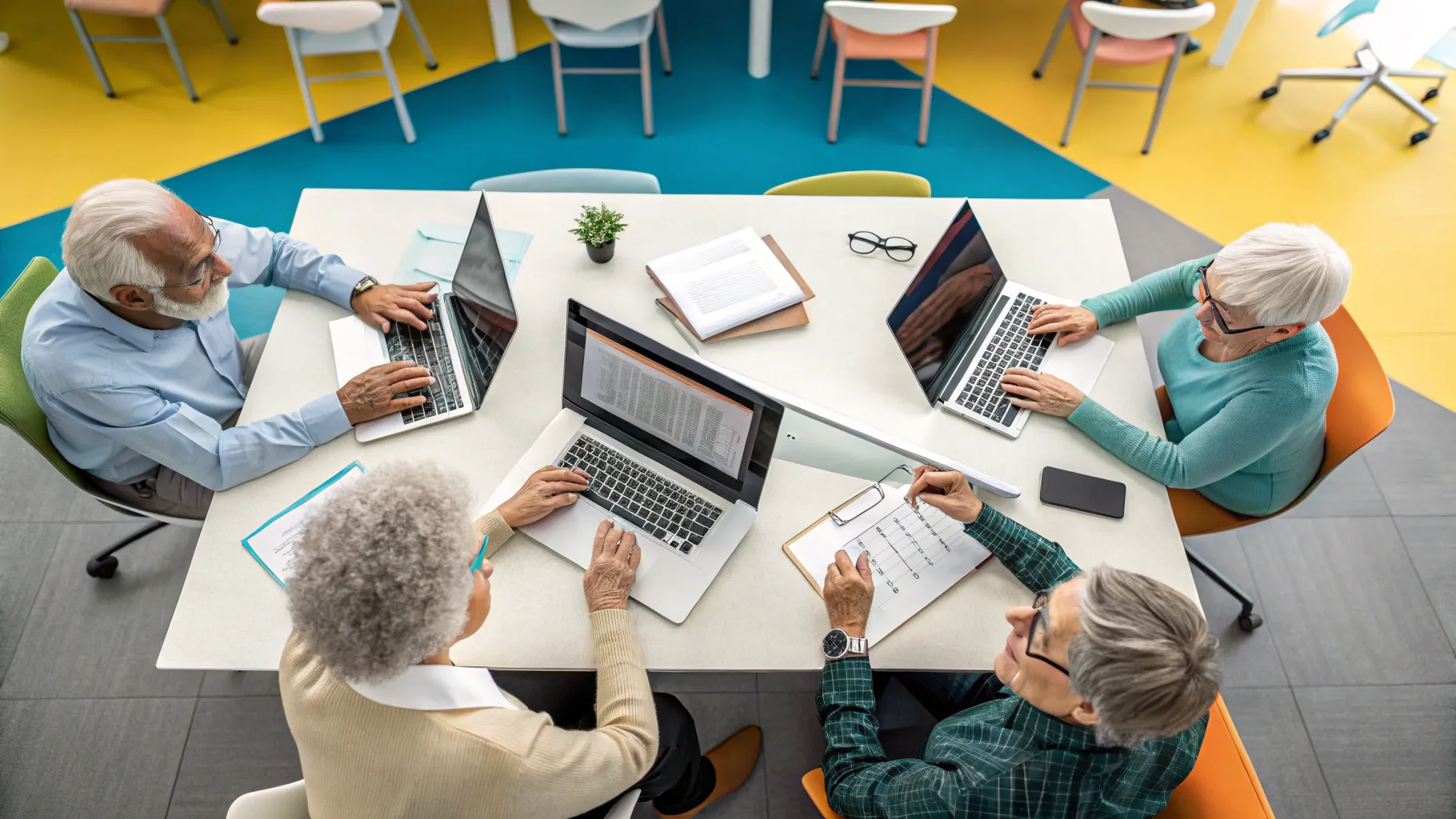 50歳以上のシニア向けインターンシップ showing seniors collaborating in a modern office.