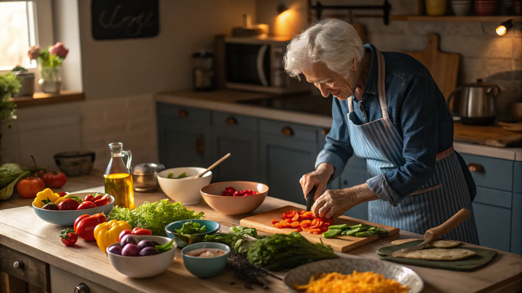60歳以上の退職者向け料理のキャリア: hands preparing healthy meals in a cozy kitchen.