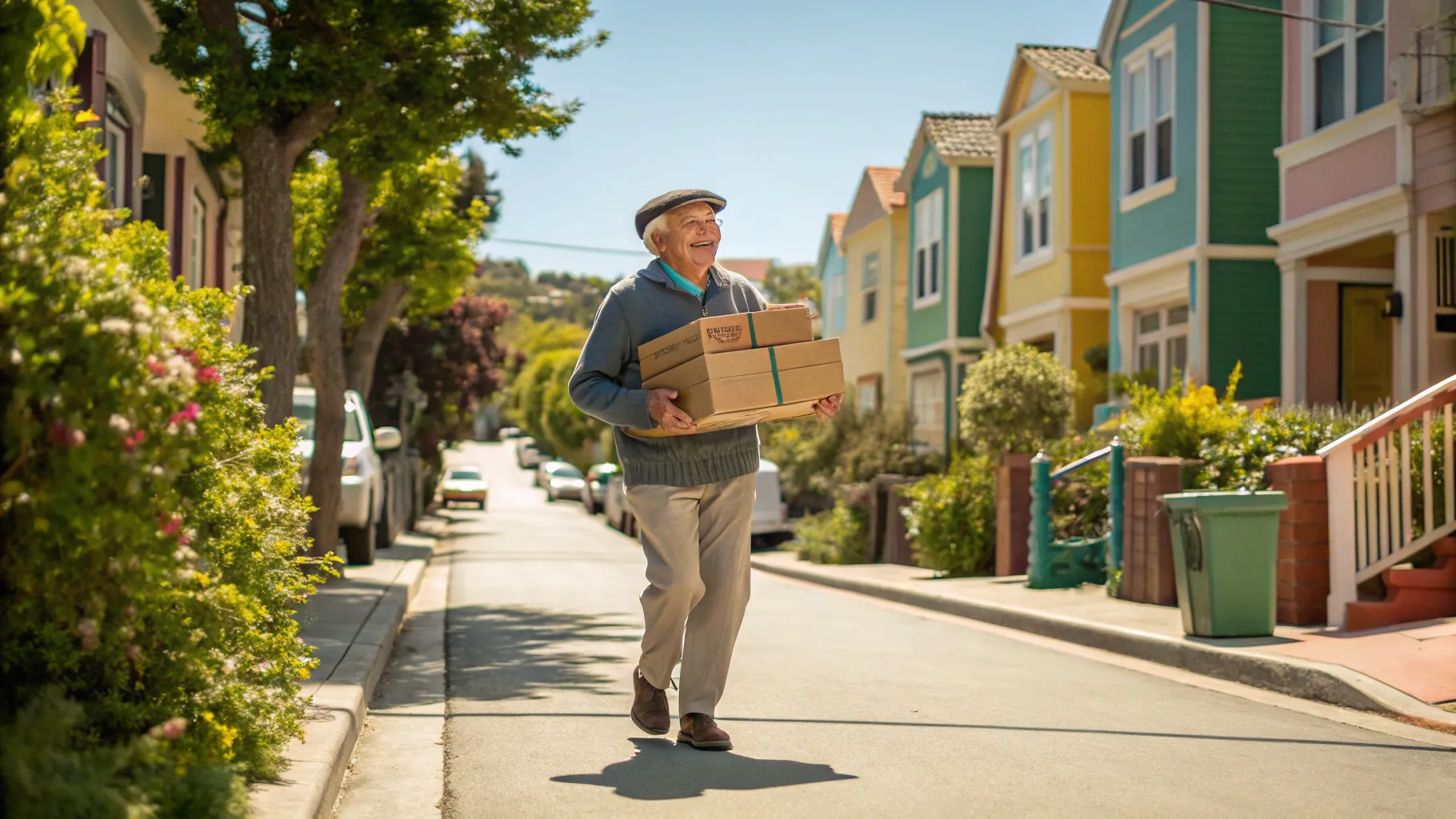60歳以上向けシニアの宅配の仕事, showcasing a senior delivering packages in a vibrant neighborhood.