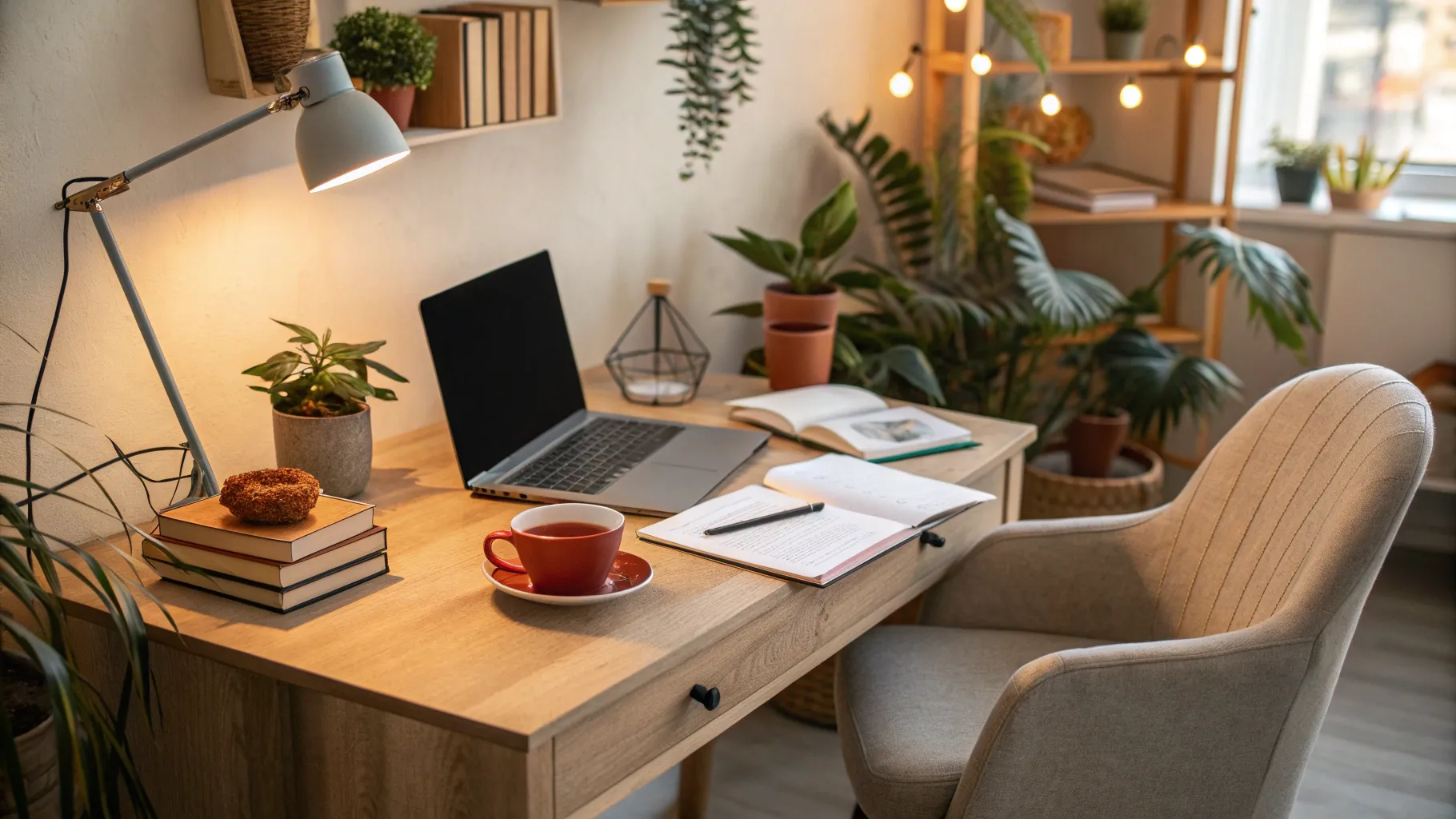 65歳以上の高齢者向けの仕事, a cozy workspace with warm decor and a laptop.
