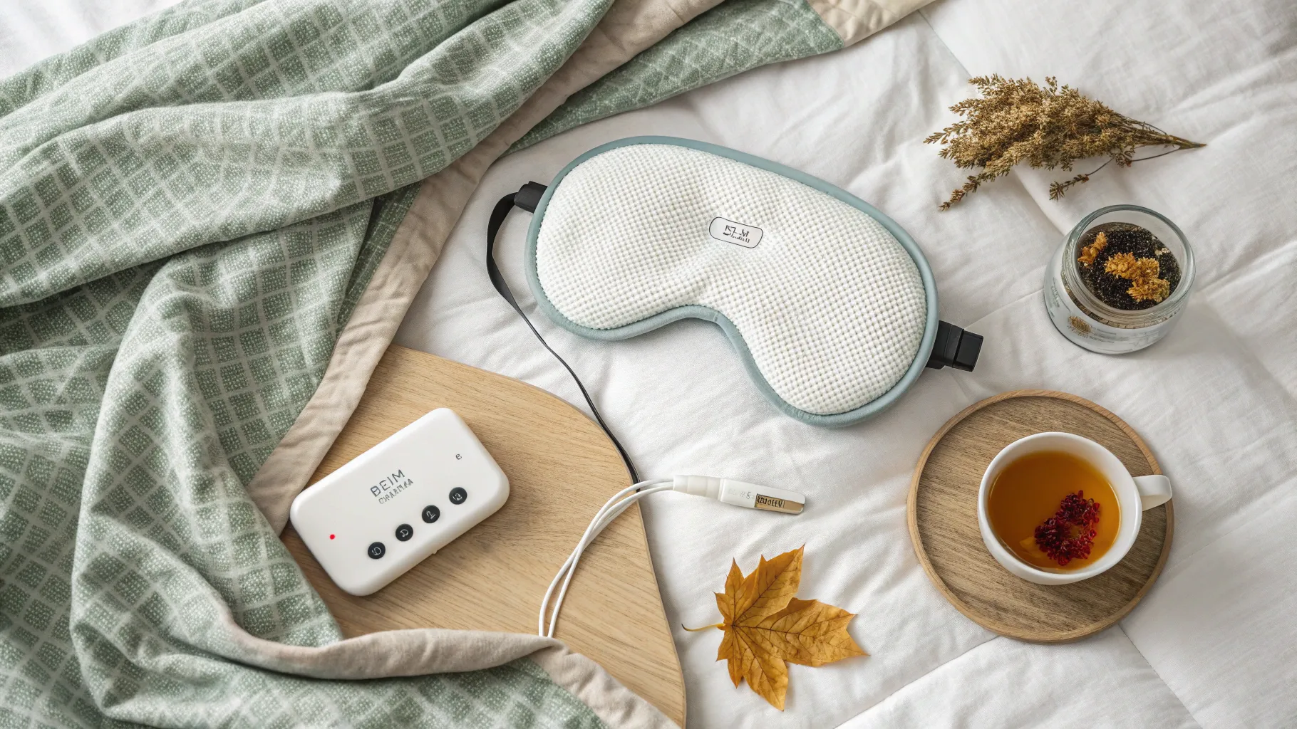 Bluetooth睡眠マスク購入ガイド A serene display of sleep accessories for relaxation.