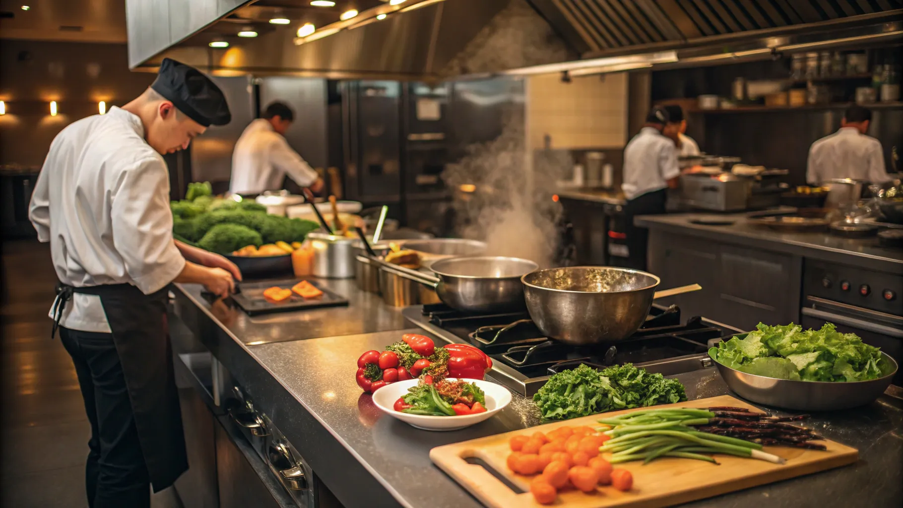 アシスタントコックの仕事について A vibrant kitchen filled with fresh ingredients and tools.